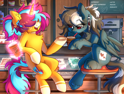 Size: 3308x2500 | Tagged: safe, artist:yuris, oc, oc only, pegasus, pony, unicorn, art trade, bar counter, bar stool, cafe, cake, chair, coffee, coffee machine, door, ears up, food, frog (hoof), horn, indoors, magic, open mouth, room, sitting, smiling, telekinesis, trade, underhoof