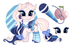 Size: 2834x1822 | Tagged: safe, artist:afterglory, oc, oc only, pony, unicorn, g4, adoptable, adoptable open, alternate versions at source, base used, blue bow, blue eyes, blue eyeshadow, blue hooves, bow, bracelet, clothes, colored hooves, cream coat, eye clipping through hair, eyelashes, eyeshadow, female, female oc, for sale, gradient mane, hair accessory, hair bow, hoof polish, hooves, horn, jewelry, leg warmers, long mane, long tail, magical lesbian spawn, makeup, mane accessory, mare, mare oc, next generation, offspring, parent:applejack, parent:coloratura, parents:rarajack, partially transparent background, raised hoof, reference sheet, ringlets, shiny eyes, shiny hooves, signature, smiling, solo, standing, standing on three hooves, striped leg warmers, tail, tail accessory, tail bow, turned head, turtleneck, two toned mane, two toned tail, unicorn horn, unicorn oc, vest