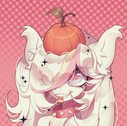 Size: 3343x3326 | Tagged: artist needed, source needed, safe, pony, black, bust, candy, collar, commission, ear fluff, ethereal mane, eye clipping through hair, eyebrows, eyebrows visible through hair, food, gradient background, halloween, holiday, icon, polka dot background, portrait, pumpkin, smiling, spooky, starry mane, stars