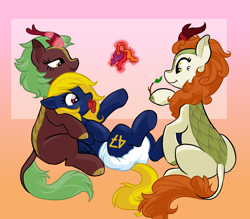 Size: 4000x3500 | Tagged: safe, artist:onc3l3rphobix, autumn blaze, cinder glow, summer flare, oc, oc:naveen numbers, kirin, pegasus, pony, g4, adult foal, autumn blaze's puppet, diaper, diaper fetish, female, fetish, key ring, levitation, magic, non-baby in diaper, pacifier, smiling, telekinesis, toy, trio, trio female