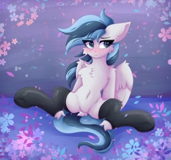 Size: 2048x1920 | Tagged: safe, artist:gaffy, oc, oc only, oc:haze northfleet, pegasus, pony, beautiful, belly, belly button, blue eyes, blushing, cheek fluff, chest fluff, clothes, curvy, cute, dock, ear fluff, featureless crotch, female, flower, hock fluff, hockless socks, hourglass figure, human shoulders, looking at you, mare, multicolored hair, partially open wings, pegasus oc, socks, solo, spread legs, spreading, tail, thigh highs, thin, wings