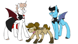 Size: 2300x1300 | Tagged: safe, artist:fuckomcfuck, oc, oc only, oc:doodles, oc:joystick, oc:rat, alicorn, earth pony, pegasus, pony, undead, vampire, vampony, werewolf, mlp fim's fourteenth anniversary, collar, drool, fangs, halloween, holiday, nightmare night, simple background, transparent background