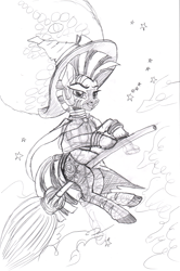 Size: 2181x3281 | Tagged: safe, artist:ciaran, derpibooru exclusive, zecora, zebra, mlp fim's fourteenth anniversary, g4, broom, cape, clothes, cloud, costume, ear piercing, earring, female, flying, flying broomstick, halloween, hat, holiday, jewelry, looking at you, mare, mare in the moon, moon, neck rings, nightmare night, nightmare night costume, pencil drawing, piercing, pumpkin, ribbon, ring, simple background, smiling, solo, stars, tail, tail ring, traditional art, white background, witch, witch hat