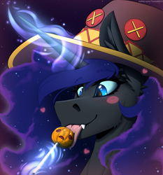 Size: 2800x3000 | Tagged: safe, artist:twotail813, nightmare moon, alicorn, pony, mlp fim's fourteenth anniversary, g4, blue eyes, blushing, bust, candy, cute, fangs, female, food, glowing, hat, horn, konosuba, lollipop, magic, mare, megumin, nightmare night, portrait, pumpkin, solo, telekinesis, tongue out, witch hat