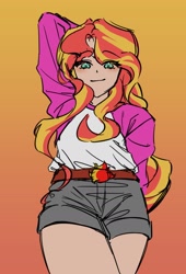 Size: 1500x2200 | Tagged: safe, artist:tjstptaks, sunset shimmer, human, equestria girls, g4, belt, blushing, camp everfree outfits, clothes, eyebrows, eyebrows visible through hair, female, from below, gradient background, long sleeved shirt, long sleeves, looking at you, shirt, shorts, smiling, smiling at you, solo