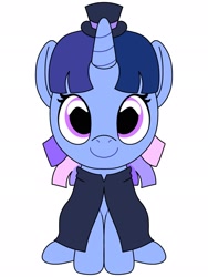 Size: 1536x2048 | Tagged: safe, artist:_jm0o, oc, oc:flawless sparklemoon, pony, unicorn, my little pony the movie: the death of twilight sparkle, cloak, clothes, cute, female, fusion, fusion:trixie, fusion:twilight sparkle, fusion:twixie, hat, horn, looking at you, mare, ocbetes, simple background, sitting, smiling, smiling at you, solo, top hat, unicorn oc, white background, youtooz, youtooz mlp design competition