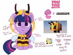 Size: 4096x3083 | Tagged: safe, artist:cheekipone, twilight sparkle, bee, insect, pony, unicorn, g4, clothes, crossover, cute, female, hoodie, mare, minecraft, minecraft bee, plushie, reference sheet, simple background, sitting, solo, twiabetes, unicorn twilight, white background, youtooz, youtooz mlp design competition