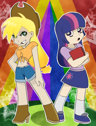 Size: 1295x1700 | Tagged: safe, artist:xxhidden-soulxx, applejack, twilight sparkle, human, g4, clothes, cowboy hat, crossover, duo, hat, humanized, panty and stocking with garterbelt, shoes