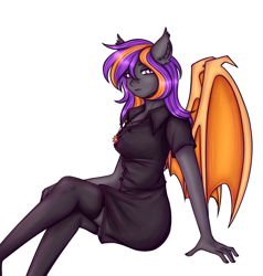 Size: 1726x1814 | Tagged: safe, alternate version, artist:rena, oc, oc only, oc:bright wings, bat pony, anthro, clothes, female, leggings, looking at you, relaxed, shirt, simple background, sitting, skirt, solo, white background