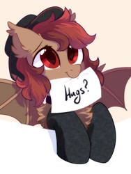 Size: 1500x2000 | Tagged: safe, artist:mirtash, oc, oc only, oc:carnelia rose, bat pony, pony, bat pony oc, big eyes, black socks, brown coat, bust, chest fluff, choker, clothes, colored pupils, cute, cute little fangs, ear fluff, ear tufts, fangs, female, female oc, fluffy, hat, hug, hugs needed, mare, mare oc, mouth hold, ocbetes, red eyes, red mane, red pupils, shiny eyes, slit pupils, socks, solo, spread wings, three quarter view, wings