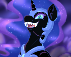 Size: 1500x1200 | Tagged: safe, artist:novaspark, nightmare moon, mlp fim's fourteenth anniversary, g4, adam's apple, ethereal mane, fangs, female, helmet, peytral, sharp teeth, slit pupils, smiling, solo, sternocleidomastoid, teeth