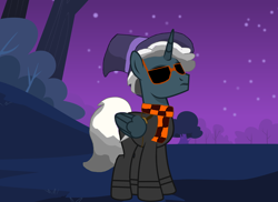 Size: 3864x2820 | Tagged: safe, artist:alastorkin, oc, oc only, oc:greb, alicorn, pony, g4, clothes, cylinder, food, forest, glasses, male, nature, night, orange, outdoors, purple, scarf, solo, tree, white mane