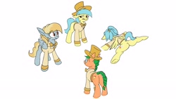 Size: 3840x2160 | Tagged: safe, artist:rocket-lawnchair, oc, oc only, oc:fair flyer, oc:matinee, oc:morning mimosa, oc:soiree, earth pony, pegasus, pony, mare fair, bowtie, butt, clothes, eyebrows, eyebrows visible through hair, faceplant, female, glasses, hat, mare, narrowed eyes, plot, simple background, smiling, spread eagle, top hat, tuxedo, white background