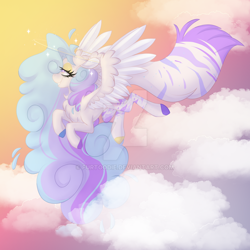 Size: 1280x1280 | Tagged: safe, artist:furtoodie, oc, oc only, oc:satin clouds, pegasus, cloud, concave belly, deviantart watermark, female, flying, mare, obtrusive watermark, outdoors, solo, watermark