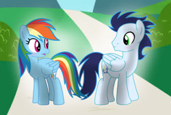 Size: 1280x859 | Tagged: safe, artist:soarindasher10, rainbow dash, soarin', pegasus, pony, blushing, female, looking at each other, looking at someone, male, mare, ship:soarindash, shipping, smiling, smiling at each other, stallion, straight