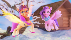 Size: 1920x1080 | Tagged: safe, artist:dreezegh, pipp petals, sunny starscout, alicorn, pegasus, pony, g5, my little pony: make your mark, winter wishday, 3d, alicornified, artificial wings, augmented, clothes, cute, detailed background, duo, duo female, fanart, female, flying, horn, looking at you, open mouth, race swap, wings, winter, winter outfit