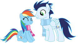 Size: 1280x713 | Tagged: safe, artist:soarindasher10, rainbow dash, soarin', pegasus, pony, clothes, female, male, mare, scarf, ship:soarindash, shipping, simple background, smiling, stallion, straight, transparent background