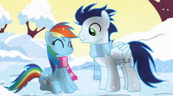 Size: 1280x713 | Tagged: safe, artist:soarindasher10, rainbow dash, soarin', pegasus, pony, clothes, female, male, mare, scarf, ship:soarindash, shipping, smiling, snow, snowflake, stallion, straight, winter