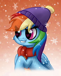 Size: 2000x2500 | Tagged: safe, artist:sunamoonmlp, derpibooru exclusive, rainbow dash, pegasus, pony, g4, clothes, cute, female, hat, mare, scarf, smiling, snow, snowflake, solo, teeth, winter, winter outfit