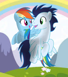 Size: 1280x1432 | Tagged: safe, artist:soarindasher10, rainbow dash, soarin', pegasus, pony, female, flying, looking at each other, looking at someone, male, mare, ship:soarindash, shipping, smiling, smiling at each other, stallion, straight