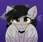 Size: 2048x2007 | Tagged: safe, artist:sonigiraldo, oc, oc only, oc:silver moon, pegasus, pony, beautiful, black and green, blushing, cute, daaaaaaaaaaaw, female, green and black mane, green eyes, hair tips, heart, heart eyes, kyu, looking at you, mare, purple background, simple background, smiling, weapons-grade cute, wingding eyes, wings