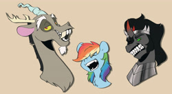 Size: 4768x2614 | Tagged: safe, artist:chub-wub, discord, king sombra, rainbow dash, draconequus, pegasus, pony, unicorn, g4, fangs, female, horn, male, mare, simple background, snaggletooth, tan background, trio, upper body