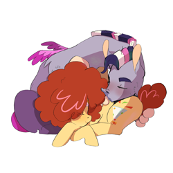 Size: 2048x2048 | Tagged: safe, artist:aztrial, oc, oc only, oc:felicity, oc:star oasis, draconequus, earth pony, hybrid, pony, cuddling, draconequus oc, duo, duo male and female, eyes closed, female, interspecies offspring, lying down, male, mare, oc x oc, offspring, offspring shipping, parent:cheese sandwich, parent:discord, parent:pinkie pie, parent:twilight sparkle, parents:cheesepie, parents:discolight, prone, shipping, simple background, sleeping, straight, white background