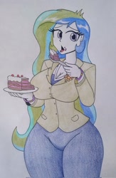 Size: 1337x2048 | Tagged: safe, artist:spartanmora, princess celestia, principal celestia, human, equestria girls, g4, breasts, busty princess celestia, cake, cakelestia, cleavage, eating, female, food, solo, spoon, wide hips