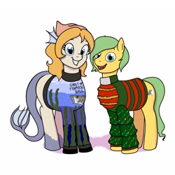 Size: 4096x4096 | Tagged: safe, artist:pony quarantine, oc, oc only, oc:marina, earth pony, merpony, pony, christmas sweater, clothes, commission, duo, duo male and female, female, grin, husband and wife, looking at you, male, mare, open mouth, open smile, simple background, smiling, smiling at you, stallion, sweater, white background