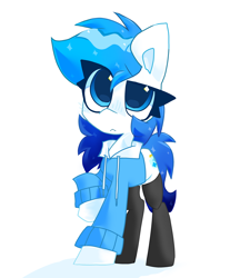 Size: 3184x3687 | Tagged: safe, artist:scarshine, oc, oc only, oc:starly bottle, earth pony, pony, :<, blue eyes, blue mane, clothes, hoodie, light skin, simple background, solo, white background