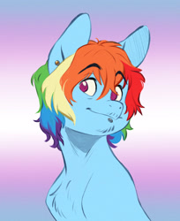 Size: 3122x3822 | Tagged: safe, artist:chub-wub, rainbow dash, pegasus, pony, g4, bangs, beard, blue coat, bust, chest fluff, colored, ear piercing, earring, eyebrows, eyebrows visible through hair, facial hair, flag background, gradient background, high res, jewelry, labret, lip piercing, looking away, male, multicolored hair, multicolored mane, no pupils, not rule 63, piercing, pink eyes, pride, pride flag, rainbow hair, requested art, shaggy mane, short hair rainbow dash, short mane, smiling, solo, stallion, trans male, trans rainbow dash, transgender, transgender pride flag, wingless