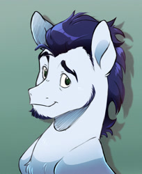 Size: 3122x3822 | Tagged: safe, artist:chub-wub, soarin', pegasus, pony, g4, alternate design, beard, blue coat, blue mane, bust, chest fluff, eyebrows, facial hair, gradient background, green eyes, hatching (technique), high res, looking back, male, no pupils, portrait, raised eyebrow, requested art, shiny mane, sideburns, smiling, solo, stallion, thick eyebrows