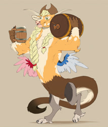 Size: 4260x4996 | Tagged: safe, artist:chub-wub, part of a set, applejack, draconequus, g4, applejack's hat, applejacked, barrel, braid, braided pigtails, brown background, brown fur, carrying, cider, cider mug, coat markings, colored claws, colored eyebrows, colored horns, colored legs, colored paws, colored pupils, colored tail, colored tailtip, colored wings, colored wingtips, cowboy hat, draconequified, facial markings, female, floppy ears, freckles, green eyes, green pupils, hat, horns, leg markings, leonine tail, mismatched wings, mug, multicolored wings, muscles, open mouth, open smile, orange fur, pigtails, raised leg, shadow, simple background, small wings, smiling, snip (coat marking), solo, species swap, spread wings, stetson, tail, tied hair, wings, yellow hair