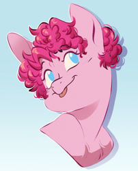 Size: 2764x3422 | Tagged: safe, artist:chub-wub, pinkie pie, earth pony, pony, g4, :p, alternate hairstyle, blue eyes, chest fluff, curly mane, eyelashes, female, gradient background, looking up, mare, no pupils, pink coat, pink mane, requested art, shadow, short mane, short mane pinkie pie, smiling, solo, tongue out