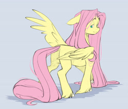 Size: 5000x4237 | Tagged: safe, artist:chub-wub, fluttershy, pegasus, pony, g4, butt, colored, colored sketch, concave belly, ear fluff, ears back, floppy ears, flutterbutt, hatching (technique), impossibly long mane, impossibly long tail, lidded eyes, long mane, long tail, looking back, male, not rule 63, one wing out, pink hair, pink mane, plot, requested art, shadow, sketch, smiling, solo, stallion, standing, tail, teal eyes, trans fluttershy, trans male, transgender, unshorn fetlocks, wing fluff, wings, yellow coat