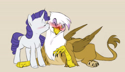 Size: 6015x3448 | Tagged: safe, artist:chub-wub, gilda, rarity, griffon, pony, unicorn, g4, beige background, blushing, cheek kiss, crack shipping, duo, duo female, eyebrows, eyes closed, female, horn, kissing, lesbian, lying down, mare, missing cutie mark, prone, purple mane, purple tail, raised arm, raised eyebrow, rarida, ringlets, shipping, simple background, size difference, standing, tail, unicorn horn, wavy mane, wavy tail, white coat