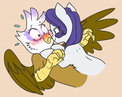 Size: 4722x3752 | Tagged: safe, artist:chub-wub, gilda, rarity, griffon, pony, unicorn, g4, absurd resolution, bedroom eyes, blushing, boop, crack shipping, duo, duo female, eye contact, eyeshadow, female, flustered, horn, hug, kissing, lesbian, looking at each other, looking at someone, makeup, mare, noseboop, rarida, shipping, wings