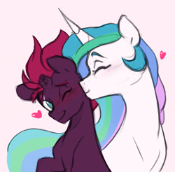 Size: 2163x2130 | Tagged: safe, artist:chub-wub, princess celestia, tempest shadow, alicorn, pony, unicorn, g4, blushing, broken horn, cheek kiss, crack shipping, duo, duo female, eye scar, eyes closed, facial scar, female, floating heart, heart, high res, horn, kissing, lesbian, mare, one eye closed, scar, shipping, simple background, tempestia, white background