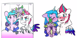 Size: 3264x1608 | Tagged: safe, artist:chub-wub, izzy moonbow, spike, zipp storm, pegasus, pony, unicorn, g4, g5, my little pony: a new generation, adorazipp, bipedal, blushing, cheek kiss, chest fluff, claw machine, crane game, cute, eyes closed, female, g5 to g4, generation leap, heart, hoof heart, horn, human shoulders, izzybetes, kissing, lesbian, mare, open mouth, plushie, ship:zippzzy, shipping, spike plushie, tongue out, traditional art, underhoof, unshorn fetlocks, upside-down hoof heart