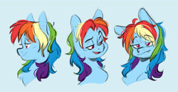 Size: 4773x2483 | Tagged: safe, artist:chub-wub, rainbow dash, pegasus, pony, g4, alternate hairstyle, blue background, bust, eyebrows, eyebrows visible through hair, female, mare, open mouth, simple background, solo