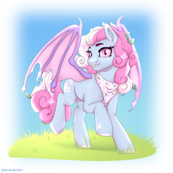 Size: 4134x4134 | Tagged: safe, artist:jjsh, oc, oc only, bat pony, pony, absurd resolution, bat pony oc, bat wings, fangs, female, gradient background, grass, handkerchief, looking at you, mare, outdoors, raised hoof, smiling, smiling at you, solo, teeth, turned head, wings