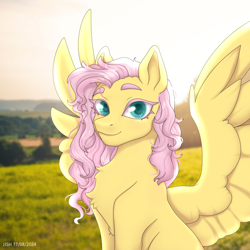 Size: 4134x4134 | Tagged: safe, artist:jjsh, fluttershy, pegasus, pony, g4, absurd resolution, blurry background, chest fluff, colored eyebrows, colored eyelashes, colored pupils, cute, cute face, female, field, fluffy, fluffy mane, grass, looking at you, mare, nature, outdoors, pink eyelashes, real life background, shyabetes, sitting, sky, smiling, smiling at you, solo, spread wings, teal pupils, three quarter view, wings