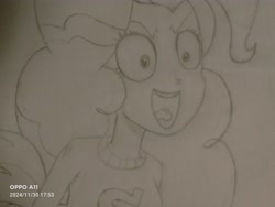 Size: 4000x3000 | Tagged: safe, pinkie pie, human, equestria girls, g4, monochrome, open mouth, smiling, solo, traditional art