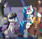 Size: 1500x1394 | Tagged: safe, artist:bryony6210, artist:bryonythewolf, dj pon-3, octavia melody, vinyl scratch, earth pony, pony, unicorn, g4, bow (instrument), bowtie, cello, cheek fluff, chest fluff, duo, duo female, ear fluff, eyes closed, female, hoof hold, horn, indoors, leg fluff, mare, musical instrument, octavia's bowtie, open mouth, raised hoof, sitting, tail, unshorn fetlocks, vinyl's glasses, vinyl's headphones