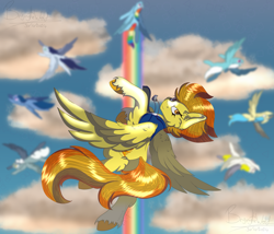 Size: 3895x3334 | Tagged: safe, artist:bryonythewolf, rainbow dash, spitfire, pegasus, pony, g4, cloud, female, flying, mare, outdoors, rainbow trail, sky, unshorn fetlocks