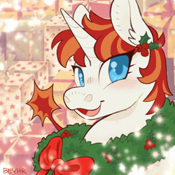 Size: 1500x1500 | Tagged: safe, artist:beyhr, oc, oc only, oc:wow factor, pony, unicorn, blue eyes, blushing, christmas, ear fluff, eye clipping through hair, eyelashes, female, holiday, holly, horn, icon, looking away, mare, open mouth, open smile, ponysona, profile picture, real life background, red mane, signature, smiling, solo, three quarter view, two toned mane, unicorn horn, unicorn oc, white coat, wide eyes, wreath