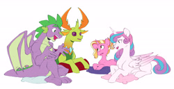 Size: 6315x3238 | Tagged: safe, artist:chub-wub, luster dawn, princess flurry heart, spike, thorax, alicorn, changedling, changeling, dragon, pony, unicorn, g4, absurd resolution, alternate hairstyle, female, gigachad spike, horn, king thorax, lying down, male, mare, older, older flurry heart, older spike, open mouth, pillow, prone, simple background, white background, winged spike, wings