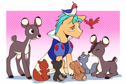 Size: 4780x3215 | Tagged: safe, artist:chub-wub, hitch trailblazer, bird, deer, earth pony, pony, rabbit, raccoon, squirrel, g5, my little pony: a new generation, animal, blushing, clothes, cosplay, costume, critter magnet, crossdressing, cute, disney, disney princess, dress, eyebrows, eyebrows visible through hair, funny, funny as hell, high res, hitch trailblazer is not amused, hitchbetes, male, snow white, snow white and the seven dwarfs, solo, stallion, unamused