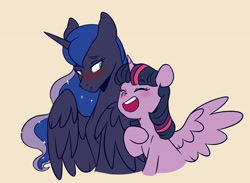 Size: 4916x3604 | Tagged: safe, artist:chub-wub, princess luna, twilight sparkle, alicorn, pony, g4, blushing, cute, duo, duo female, eyebrows, eyebrows visible through hair, eyes closed, female, horn, lesbian, looking at someone, lunabetes, mare, open mouth, raised hoof, ship:twiluna, shipping, twiabetes, twilight sparkle (alicorn), wings