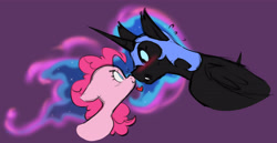 Size: 5027x2589 | Tagged: safe, artist:chub-wub, nightmare moon, pinkie pie, alicorn, earth pony, pony, g4, blushing, boop, crack shipping, duo, duo female, female, flustered, heart, helmet, lesbian, lip bite, looking at each other, looking at someone, mare, nightmarepie, noseboop, purple background, shipping, simple background